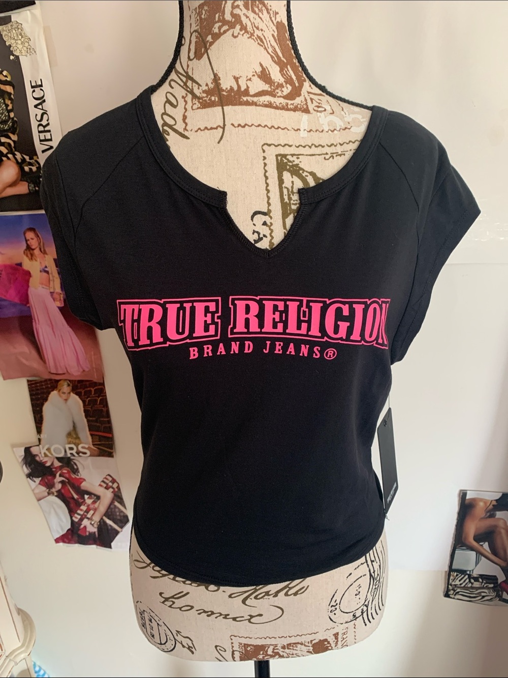 True Religion Black Crop Tee with Hot Pink Logo